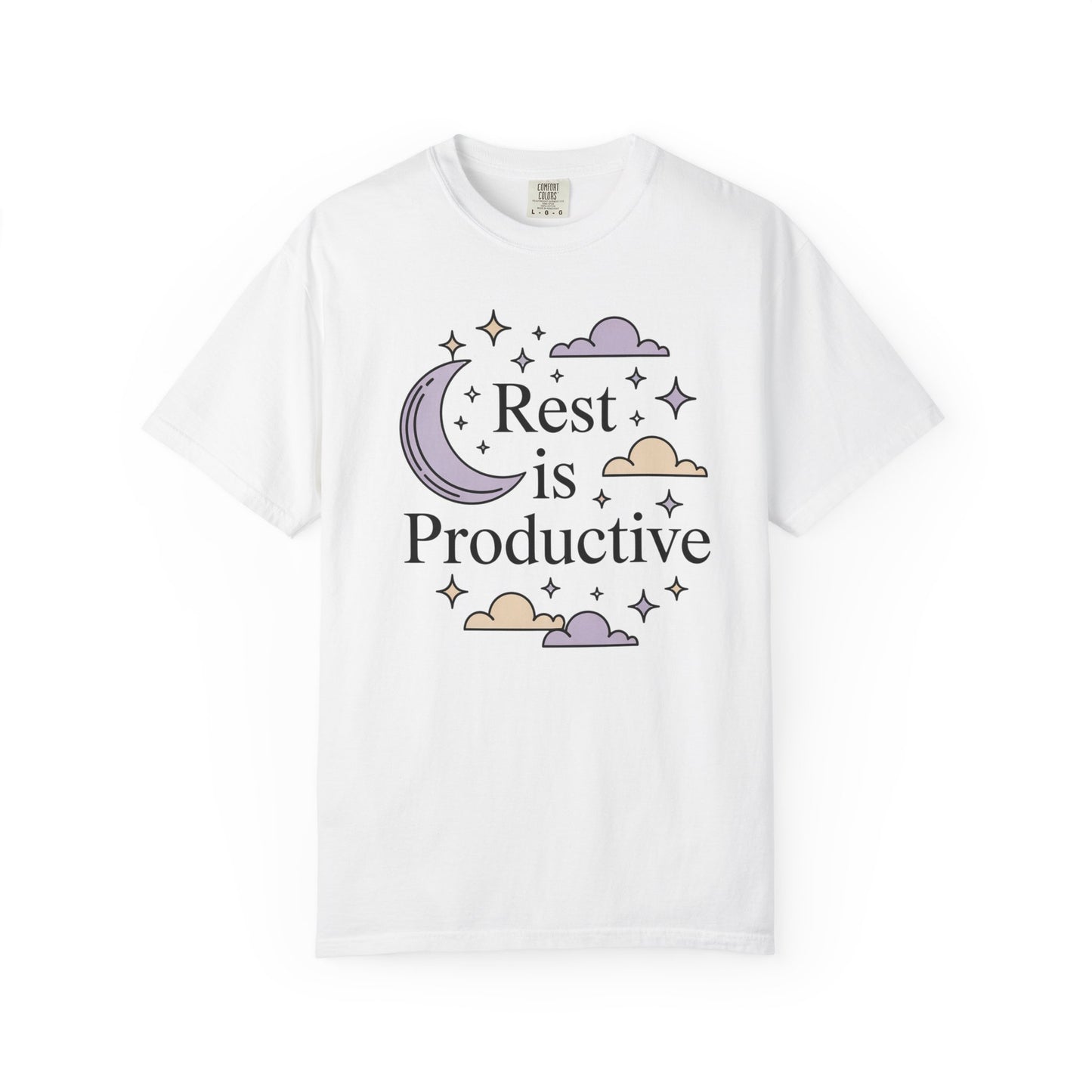 Rest Is Productive Short Sleeve Tee — Relaxation Quote Tee with Moon & Clouds