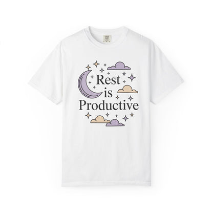 Rest Is Productive Short Sleeve Tee — Relaxation Quote Tee with Moon & Clouds
