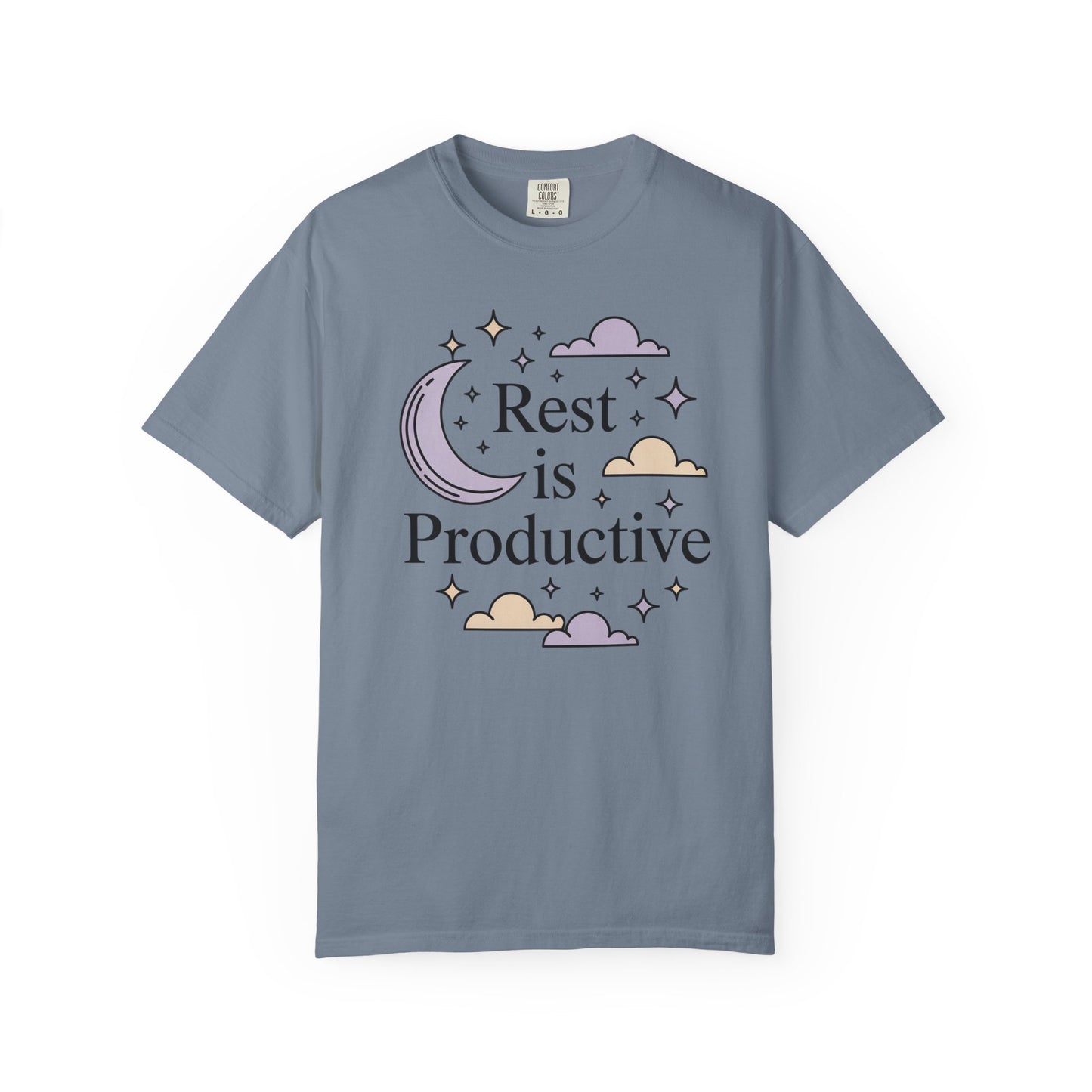 Rest Is Productive Short Sleeve Tee — Relaxation Quote Tee with Moon & Clouds