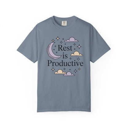 Rest Is Productive Short Sleeve Tee — Relaxation Quote Tee with Moon & Clouds