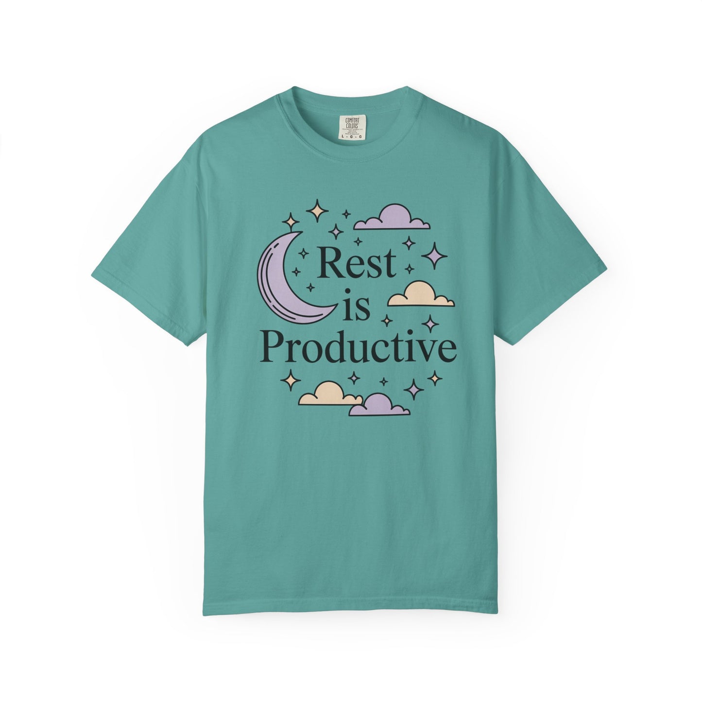 Rest Is Productive Short Sleeve Tee — Relaxation Quote Tee with Moon & Clouds