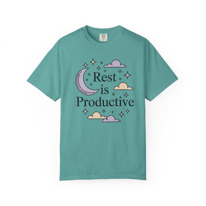 Rest Is Productive Short Sleeve Tee — Relaxation Quote Tee with Moon & Clouds