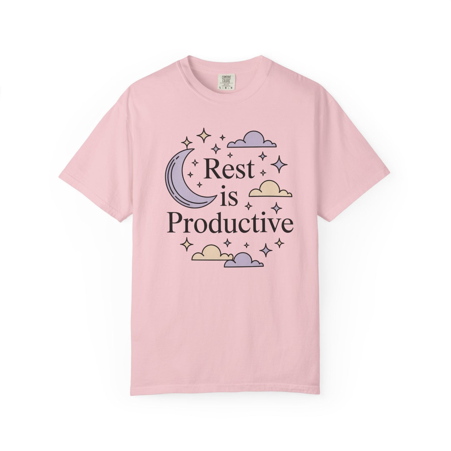 Rest Is Productive Short Sleeve Tee — Relaxation Quote Tee with Moon & Clouds