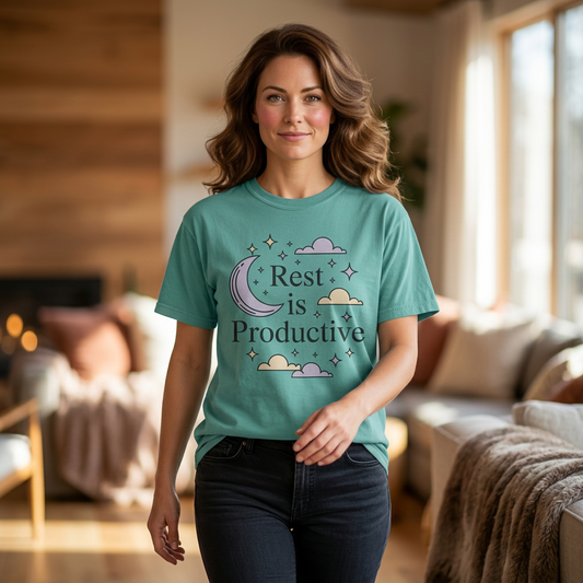 Rest Is Productive Short Sleeve Tee — Relaxation Quote Tee with Moon & Clouds