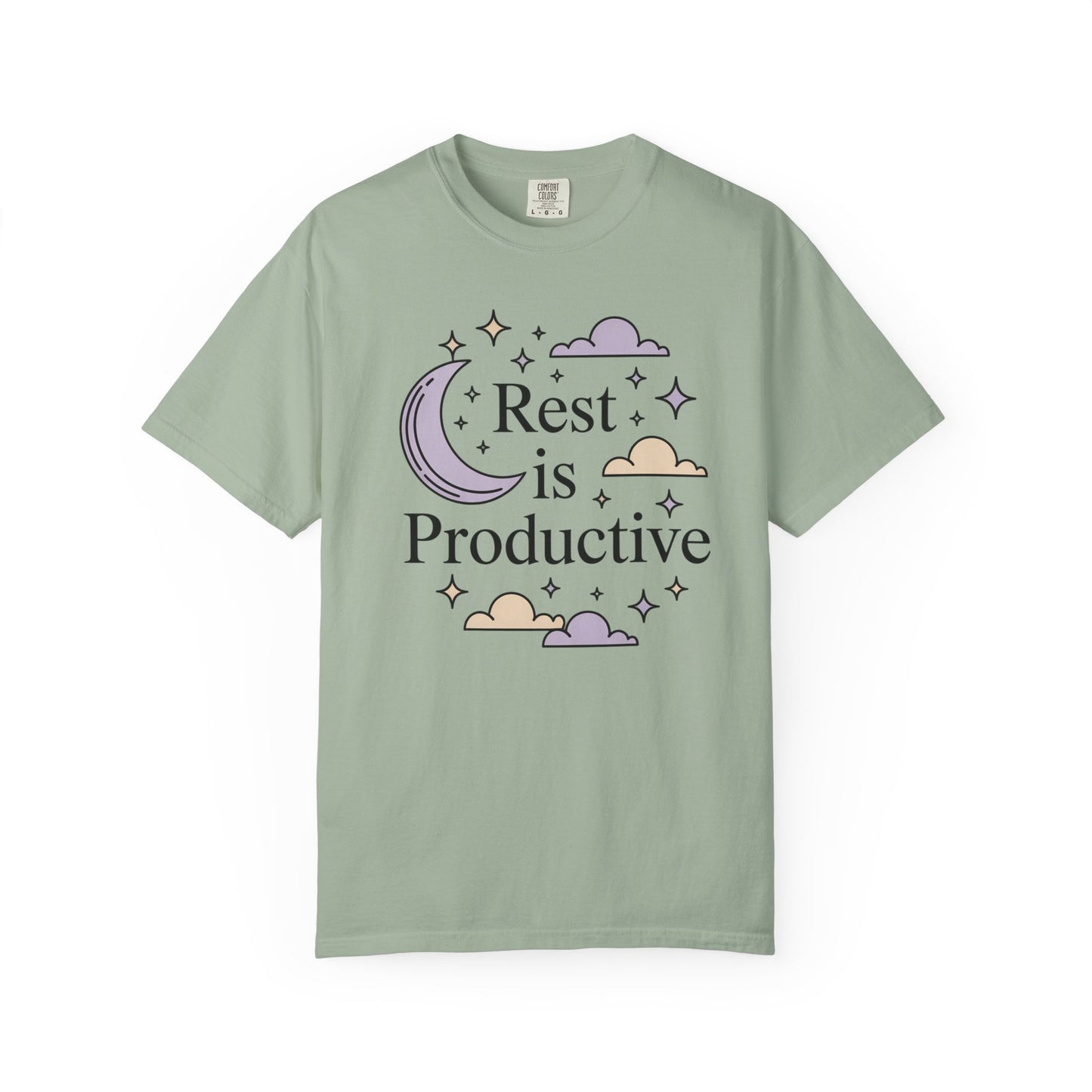 Rest Is Productive Short Sleeve Tee — Relaxation Quote Tee with Moon & Clouds