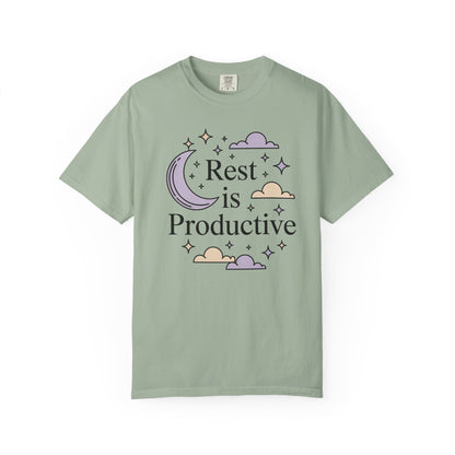 Rest Is Productive Short Sleeve Tee — Relaxation Quote Tee with Moon & Clouds