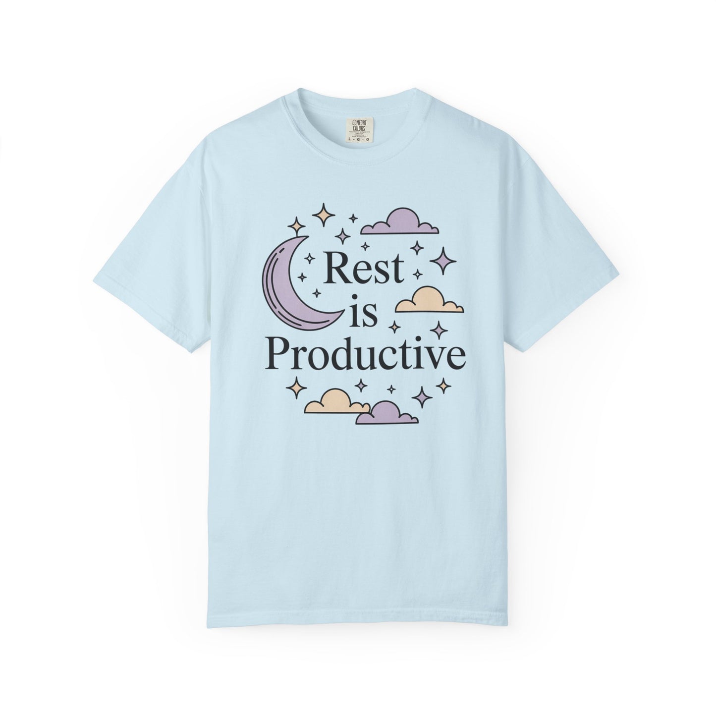 Rest Is Productive Short Sleeve Tee — Relaxation Quote Tee with Moon & Clouds