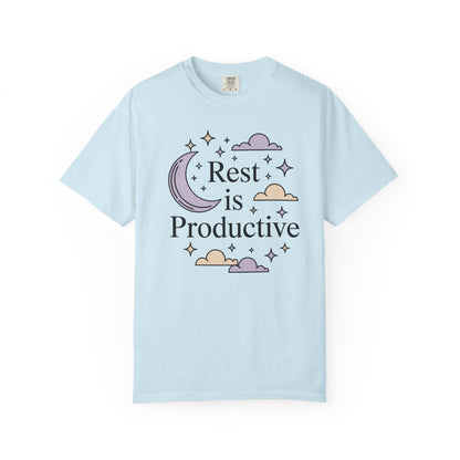 Rest Is Productive Short Sleeve Tee — Relaxation Quote Tee with Moon & Clouds